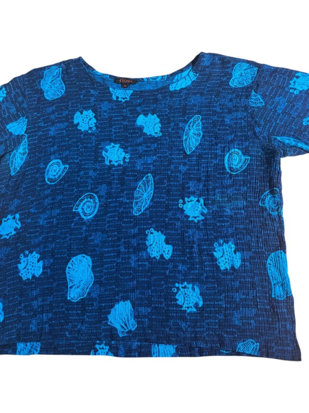 Vintage 1990s Escada Blue Seashell Ocean Fish Print Textured Boxy Top Size 38